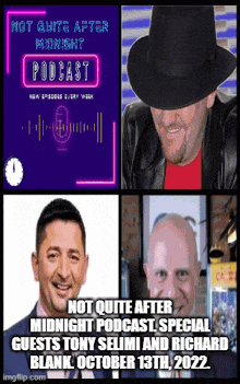 a poster for hot quite after midnight podcast featuring tony selimi and richard blank