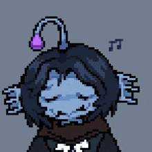 a pixel art drawing of a frog with a purple flower on his head