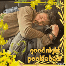 a picture of a man sleeping with the words goodnight pookie bear written on it