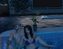 a man and a woman sit on the edge of a pool