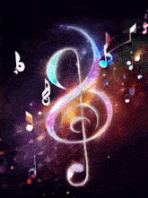 a treble clef is surrounded by colorful musical notes