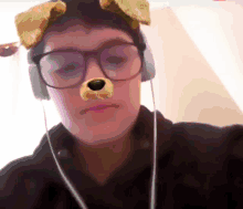 a person wearing glasses and headphones with a dog face mask on their face