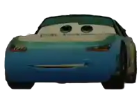 the front of a blue car from the movie cars with a funny face .