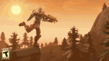 a video game character is jumping in the air while holding a rifle in front of a warning sign
