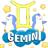 a gemini sign with two penguins on a blue cloud