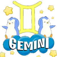 a gemini sign with two penguins on a blue cloud
