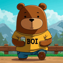 a teddy bear wearing a yellow shirt that says boi