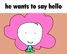 a cartoon character with pink hair and the words he wants to say hello above it
