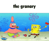 a cartoon of spongebob and patrick in the sand with the word granary above them