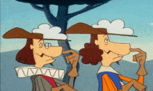 two cartoon characters are standing next to each other with one pointing at the other