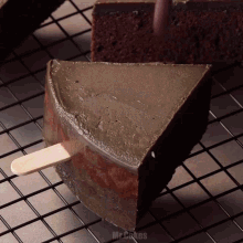 a slice of chocolate cake on a stick that says mr.cakes on it