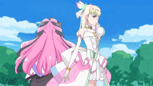 a girl with pink hair is standing next to a blonde girl in a white dress