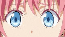 a close up of a girl 's eyes with a pink hair and blue eyes