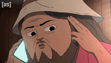 a cartoon of a man wearing a hat talking on a cell phone with the letters [ as ] on the bottom