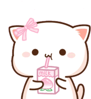 a cat with a pink bow on its head drinking a box of peach milk through a straw