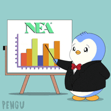 a penguin is pointing at a white board that says nea on it