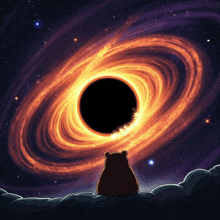 a cartoon bear sits in front of a black hole in space