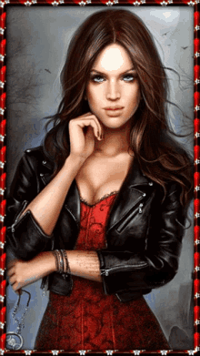 a painting of a woman in a red dress and black jacket