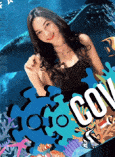 a woman is standing in front of a sign that says " cov "
