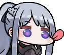 a cartoon girl with a ponytail and purple eyes is sticking out her tongue .