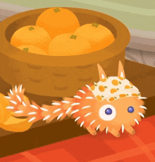 a cartoon drawing of a squirrel with a basket of oranges in the background