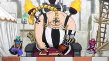 a cartoon character is sitting on a throne with flames coming out of his arms