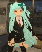 a girl with long green hair and a bow on her head is standing in a living room .