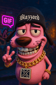 a pink cartoon character wearing a black beanie that says blazzard