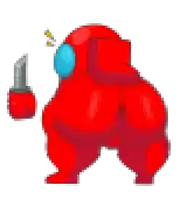 a pixel art of a red among us character with a knife and a red object .