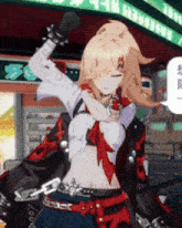 a girl with spikes on her arms stands in front of a sign that says ' nfc '