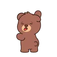 a brown teddy bear is standing with its eyes closed and its mouth open
