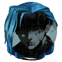 a pixel art of a man with blue hair and a black shirt