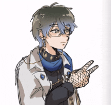 a drawing of a boy with glasses and a blue scarf giving a peace sign