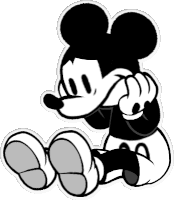 a black and white drawing of a mickey mouse sitting down .
