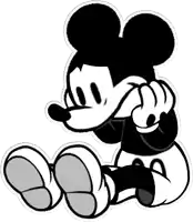 a black and white drawing of a mickey mouse sitting down .