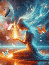 a painting of a woman with butterflies flying around her