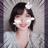 a woman with a bunny on her head is smiling with clouds on her face