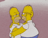homer simpson and bart simpson are hugging each other in a pink background