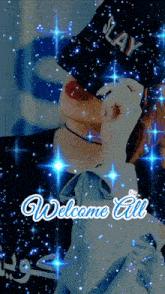 a girl wearing a slay hat is surrounded by blue stars and the words welcome all