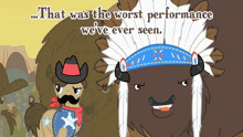 a cartoon of a buffalo wearing a native american headdress and a cowboy