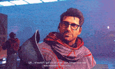 a man wearing glasses and a red cape says " of sorts i got a call of my own "