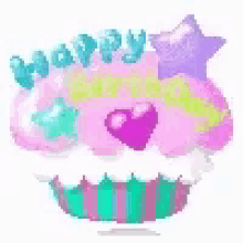 a pixel art of a cupcake with the words `` happy birthday '' and a heart .