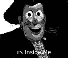 a black and white photo of woody from toy story smiling in a suit and tie .
