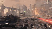 a video game is being played with a red light coming out of a weapon