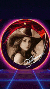 a picture of a woman wearing a cowboy hat is surrounded by neon lights and the words voz & canto