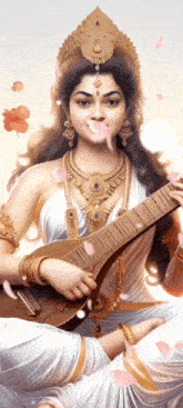 a painting of a woman playing a guitar with petals flying around her