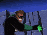 a green lantern is holding a green sword in his hand