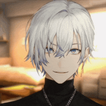 a boy with white hair and blue eyes wears a black turtleneck