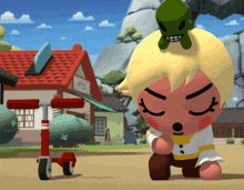 a cartoon character is kneeling down with a turtle on his head