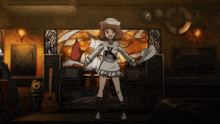 a girl in a sailor uniform stands in front of a stained glass window
